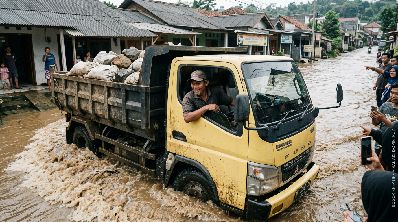 Viral! Aksi Sopir Truk Tanggulangi Banjir Bandang di Bogor dengan Trik Kreatif