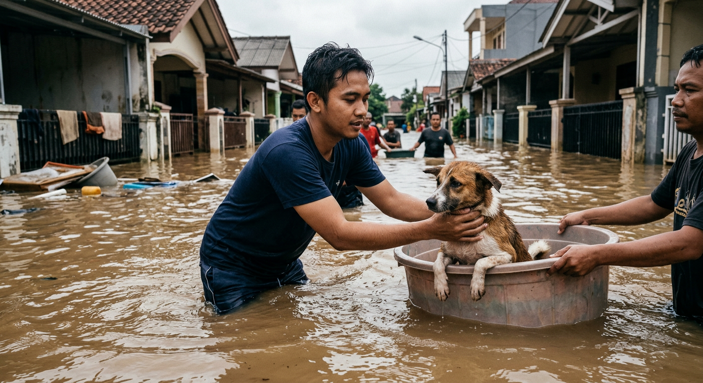 Viral Aksi Warga Selamatkan Anjing Terjebak Banjir di Jakarta Timur Hari Ini