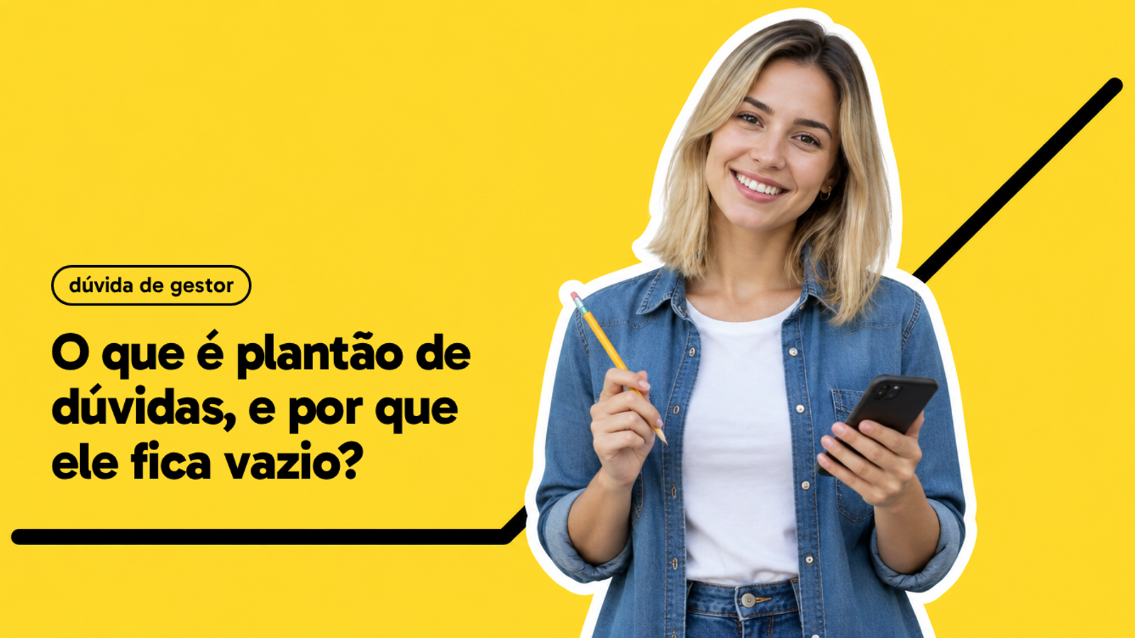 Capa amarela com a pergunta "O que é plantão de dúvidas, e por que ele fica vazio?" e uma professora jovem segurando lápis e celular