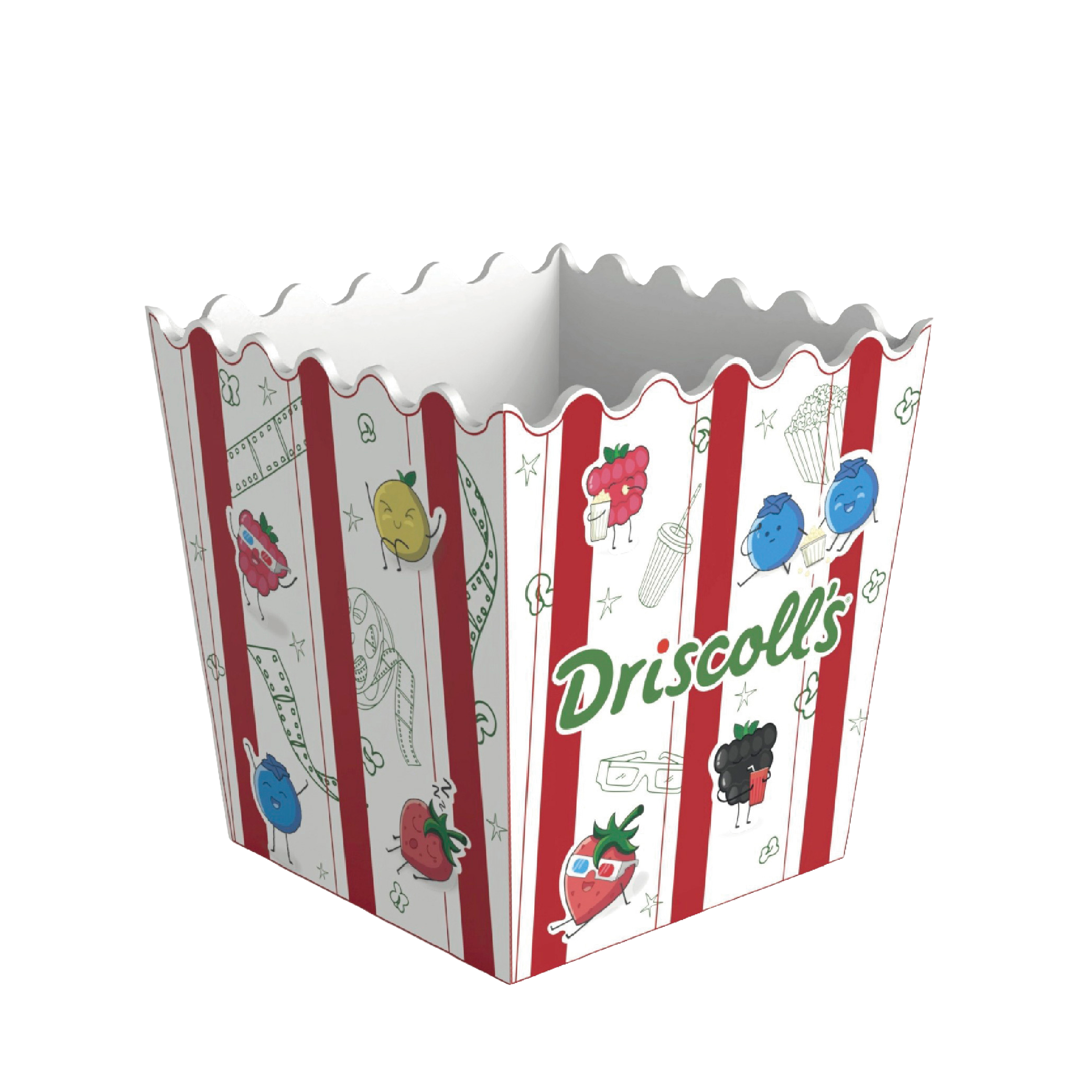 Cubo para palomitas con arte grafico desarrollado 