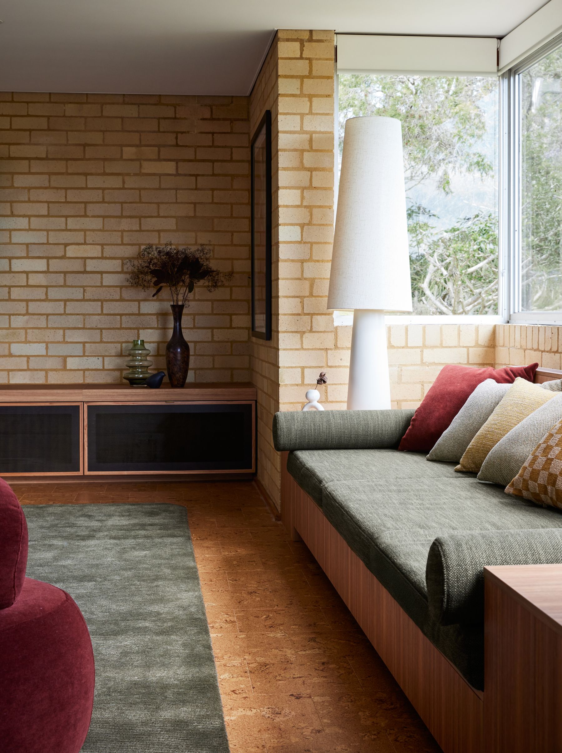 Custom wooden sofa and cabinetry 