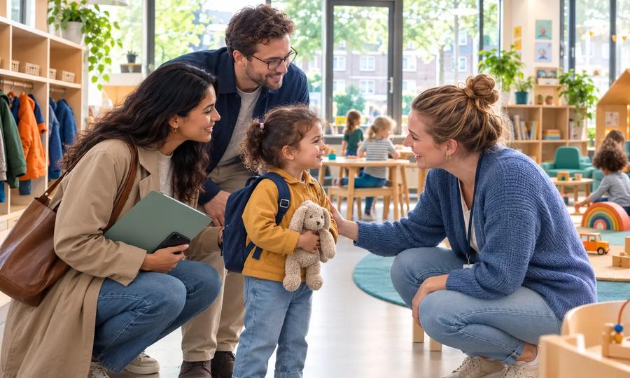 Parent and child meeting a caregiver at a Dutch childcare centre
