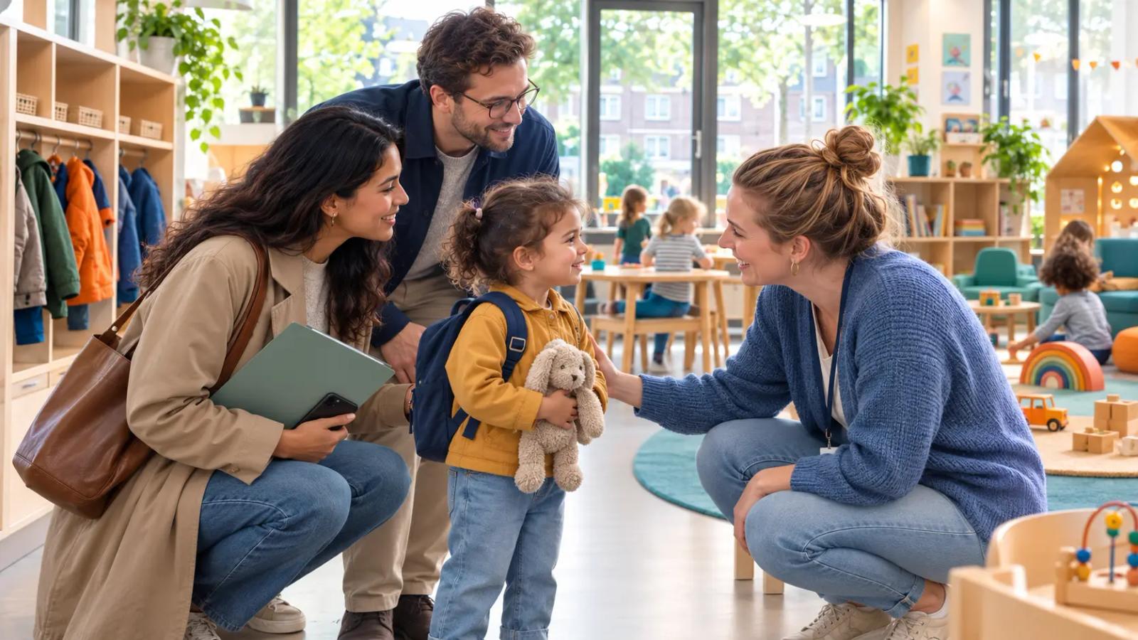 Parent and child meeting a caregiver at a Dutch childcare centre