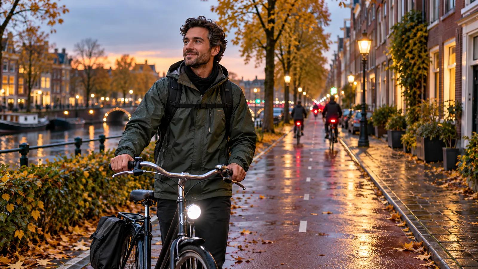 Commuter beside a city bicycle with a working front light on a Dutch cycle path at dusk
