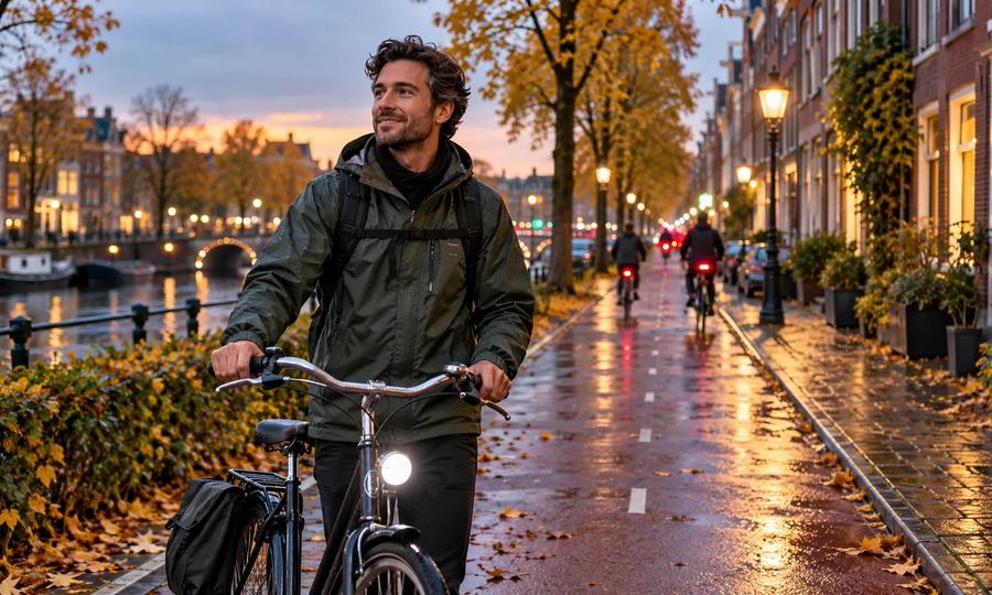 Commuter beside a city bicycle with a working front light on a Dutch cycle path at dusk