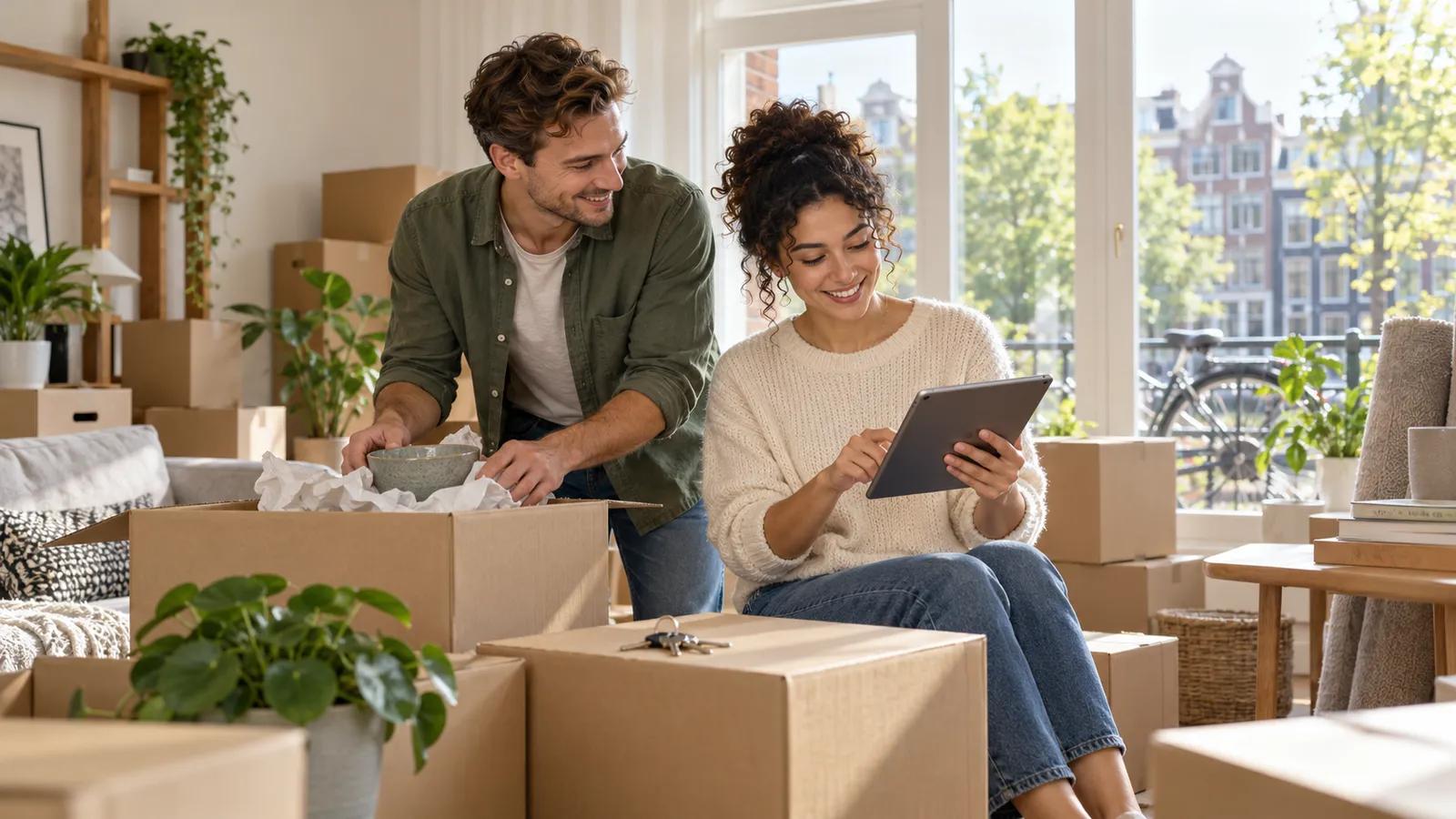 Couple unpacking moving boxes and checking address updates in a bright Dutch apartment