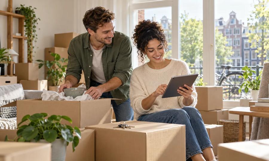 Couple unpacking moving boxes and checking address updates in a bright Dutch apartment