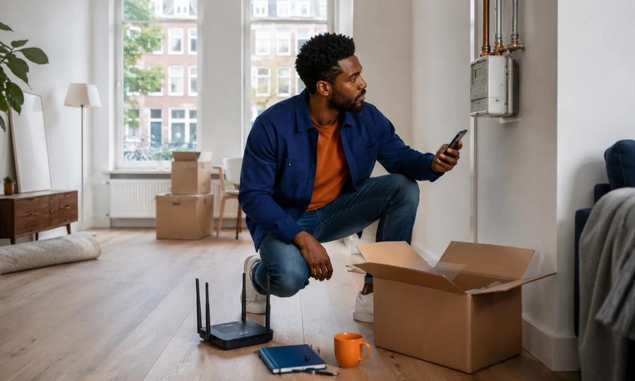 Newcomer setting up energy and internet accounts in a new Dutch apartment