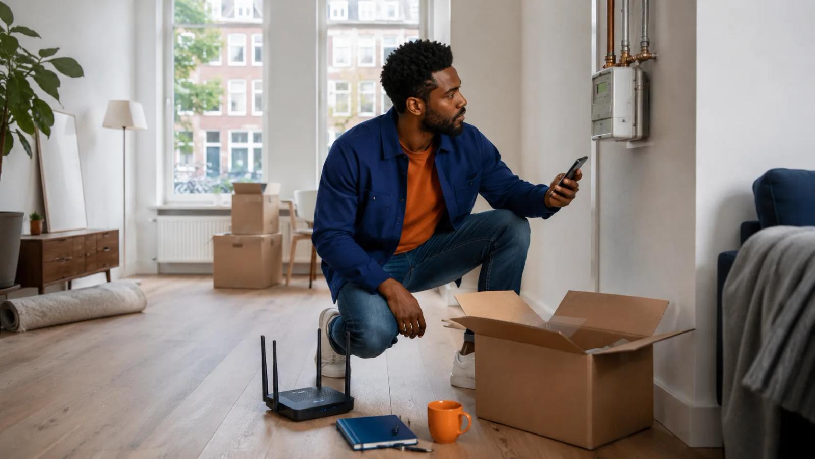 Newcomer setting up energy and internet accounts in a new Dutch apartment