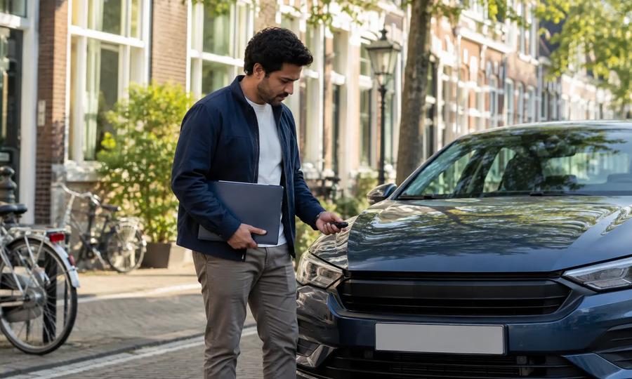 Newcomer registering a car with Dutch licence plates outside a home