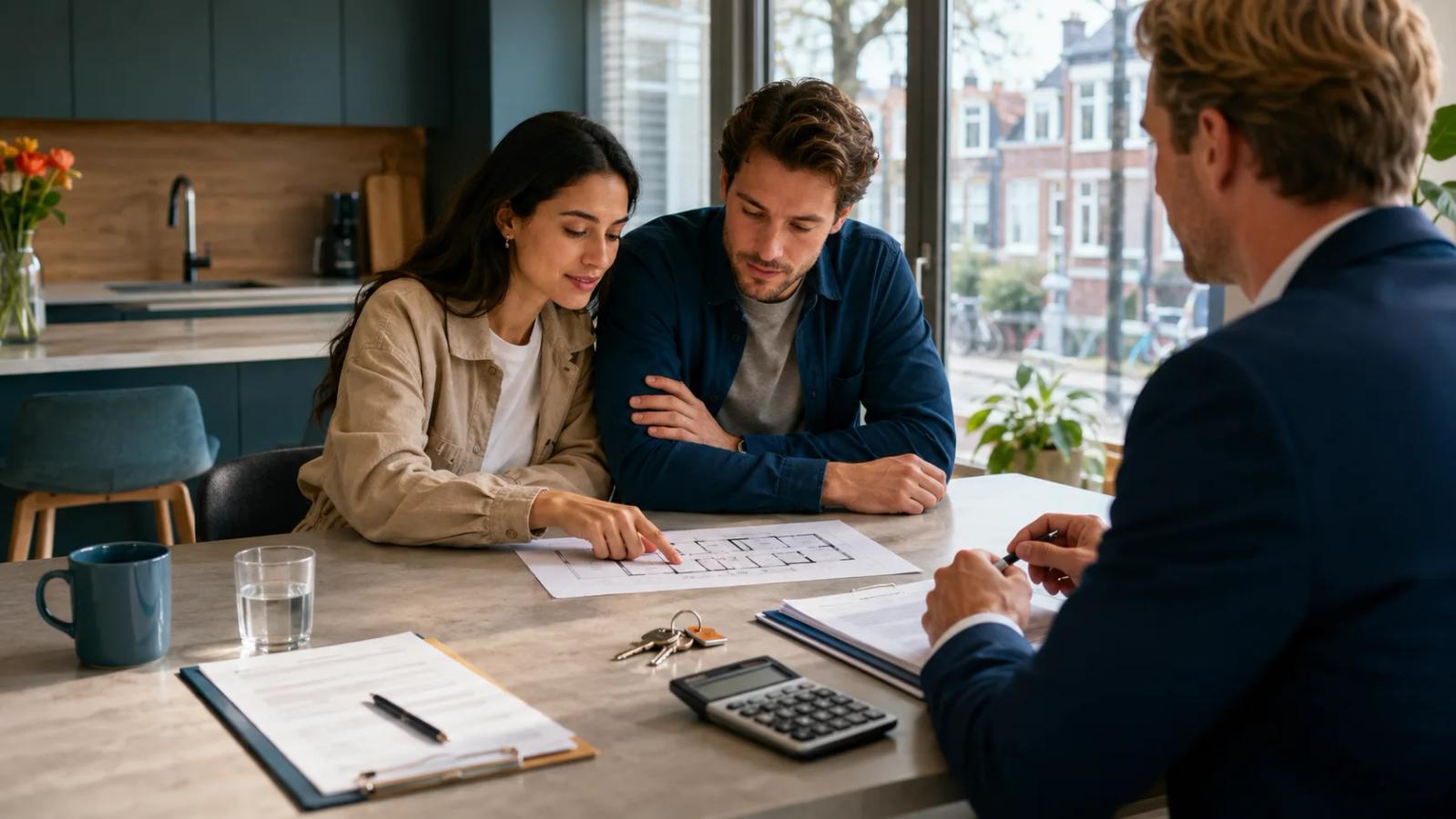 Expat couple reviewing a Dutch home purchase with keys and documents