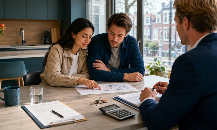 Expat couple reviewing a Dutch home purchase with keys and documents
