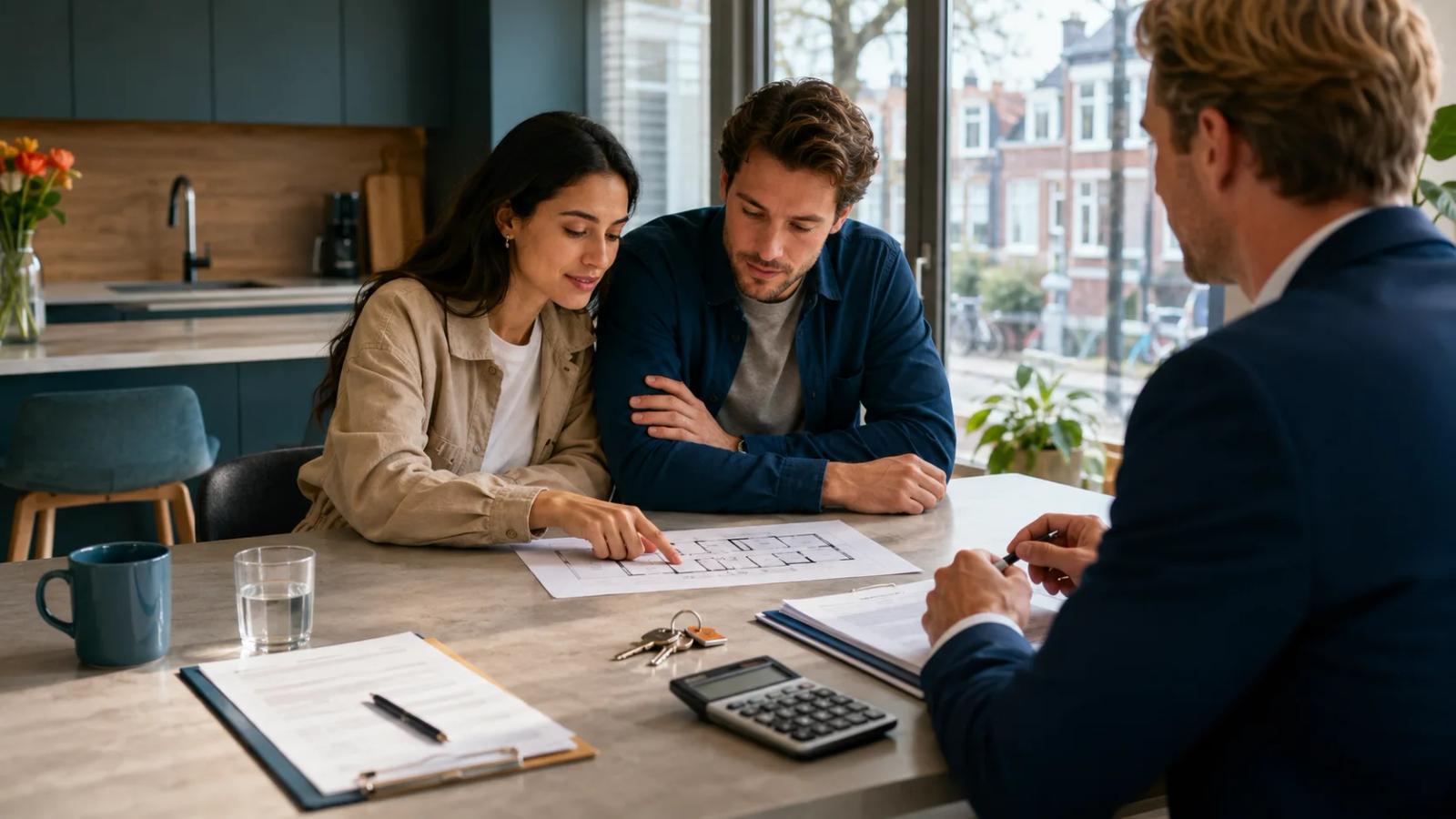 Expat couple reviewing a Dutch home purchase with keys and documents