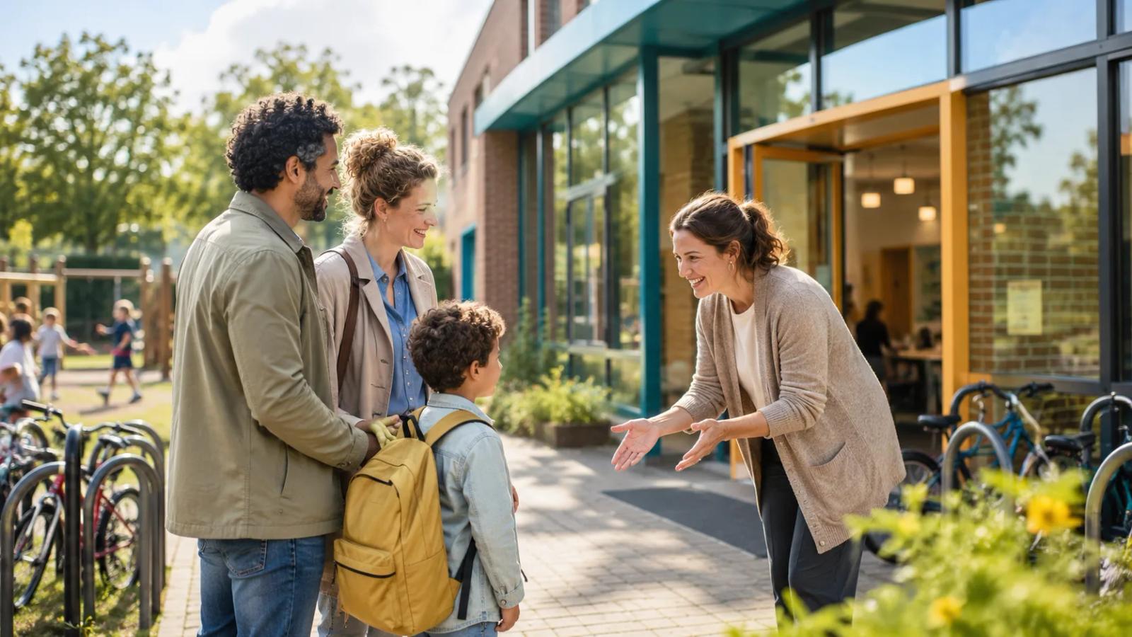 International family visiting a welcoming Dutch primary school