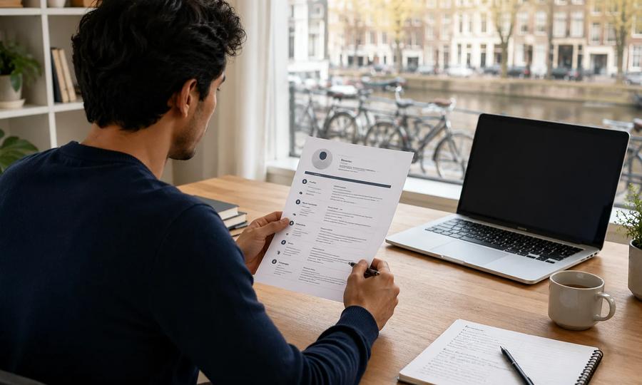 Professional reviewing a clean Dutch-style CV on a desk before applying for jobs