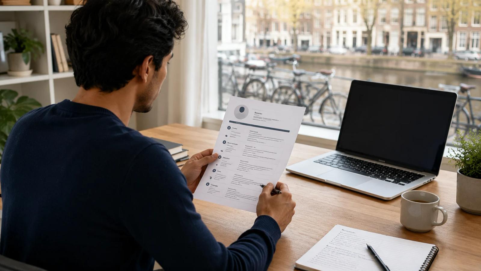 Professional reviewing a clean Dutch-style CV on a desk before applying for jobs
