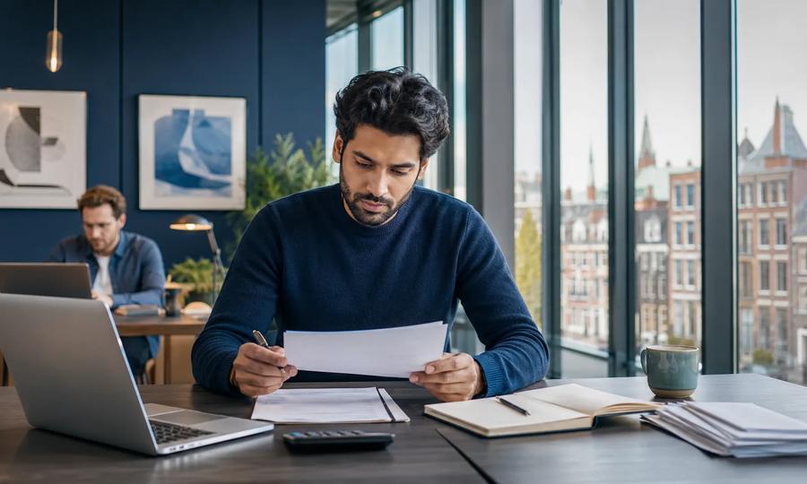 International freelancer planning a Dutch business in a modern workspace