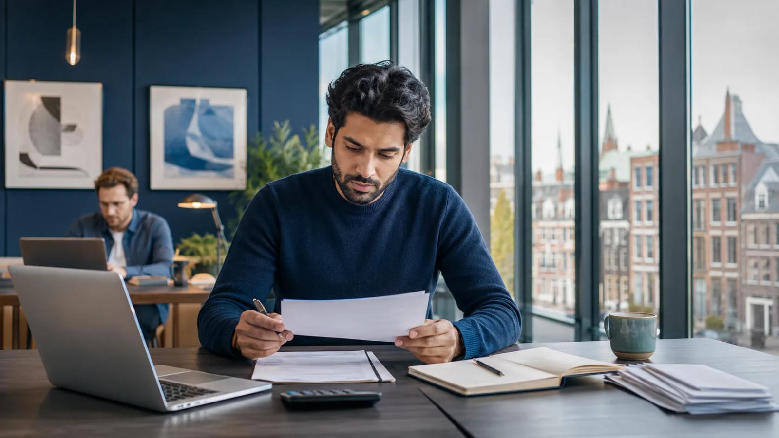 International freelancer planning a Dutch business in a modern workspace