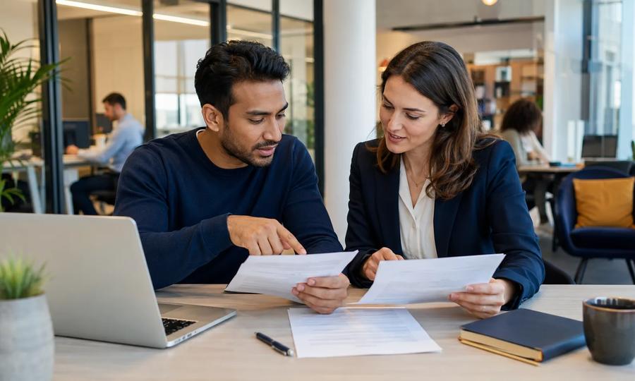 International employee reviewing a Dutch contract and payslip at work