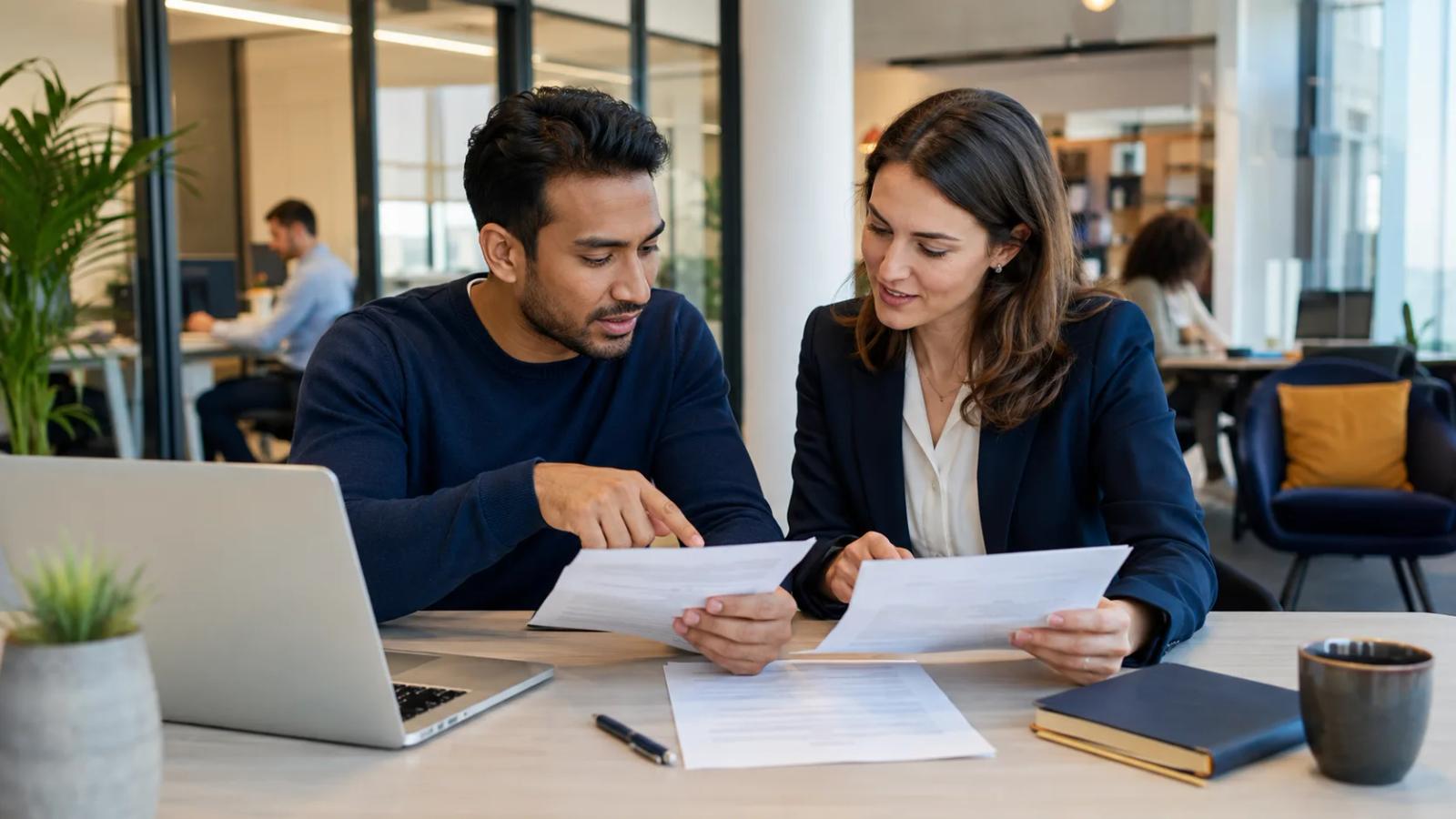 International employee reviewing a Dutch contract and payslip at work