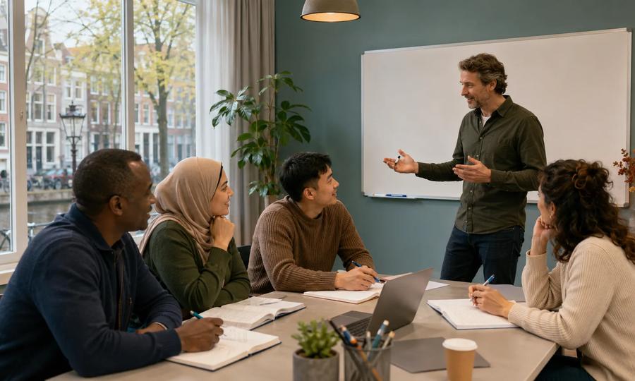 Newcomer studying Dutch language materials for civic integration