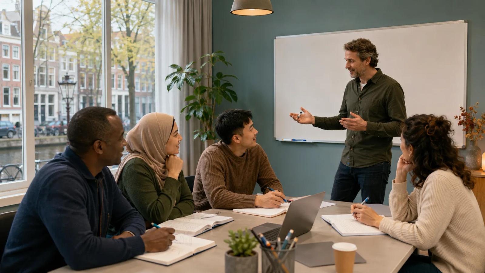 Newcomer studying Dutch language materials for civic integration