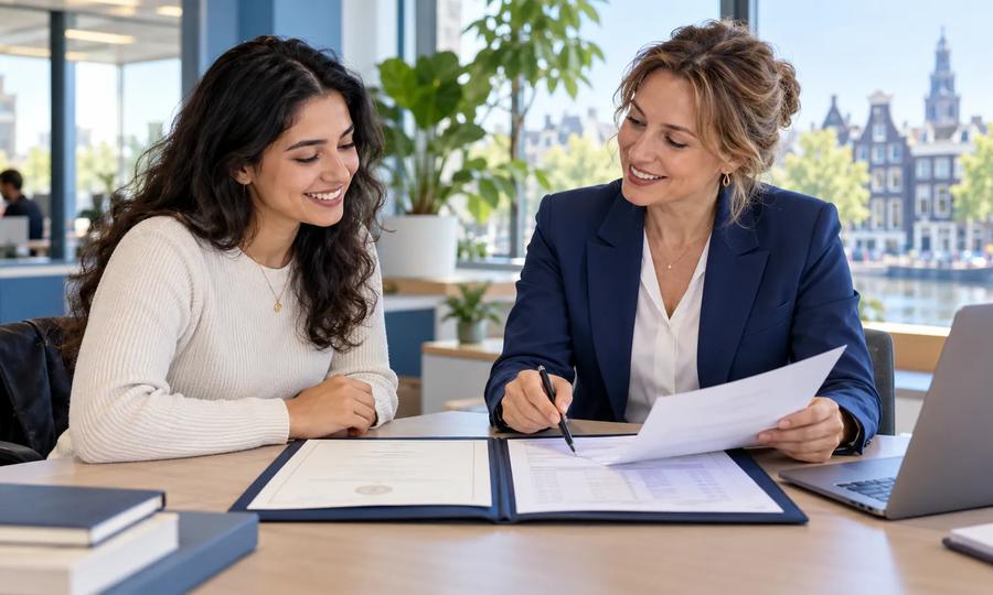International graduate reviewing a diploma folder with a career adviser in a Dutch office