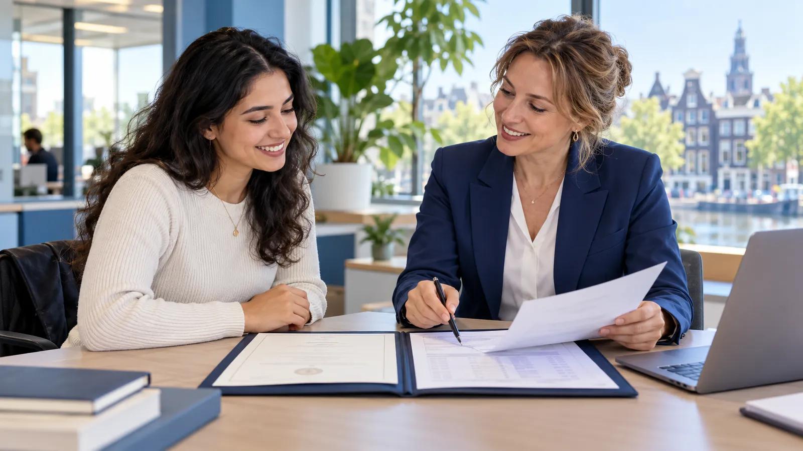 International graduate reviewing a diploma folder with a career adviser in a Dutch office