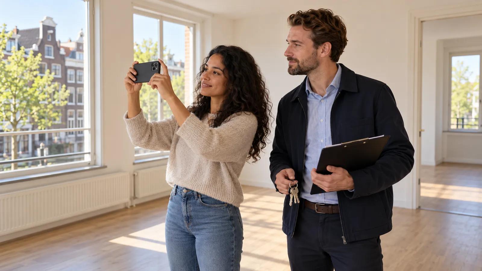 Renter and property manager inspecting a clean Dutch apartment before handing back the keys