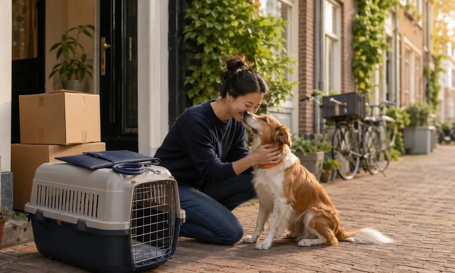 Newcomer arriving in the Netherlands with a dog and pet travel carrier
