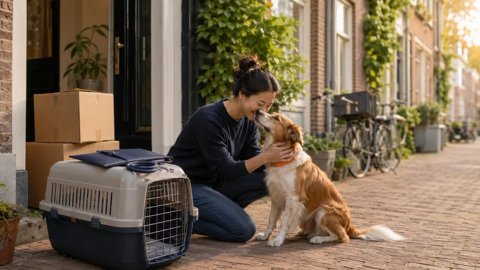Newcomer arriving in the Netherlands with a dog and pet travel carrier