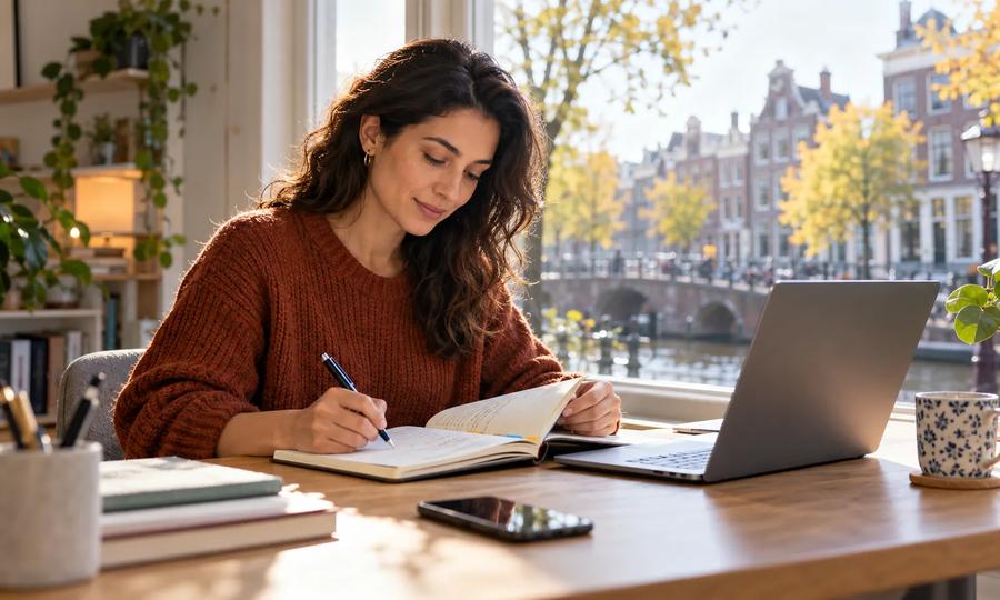 International professional preparing job applications at a bright home desk in the Netherlands