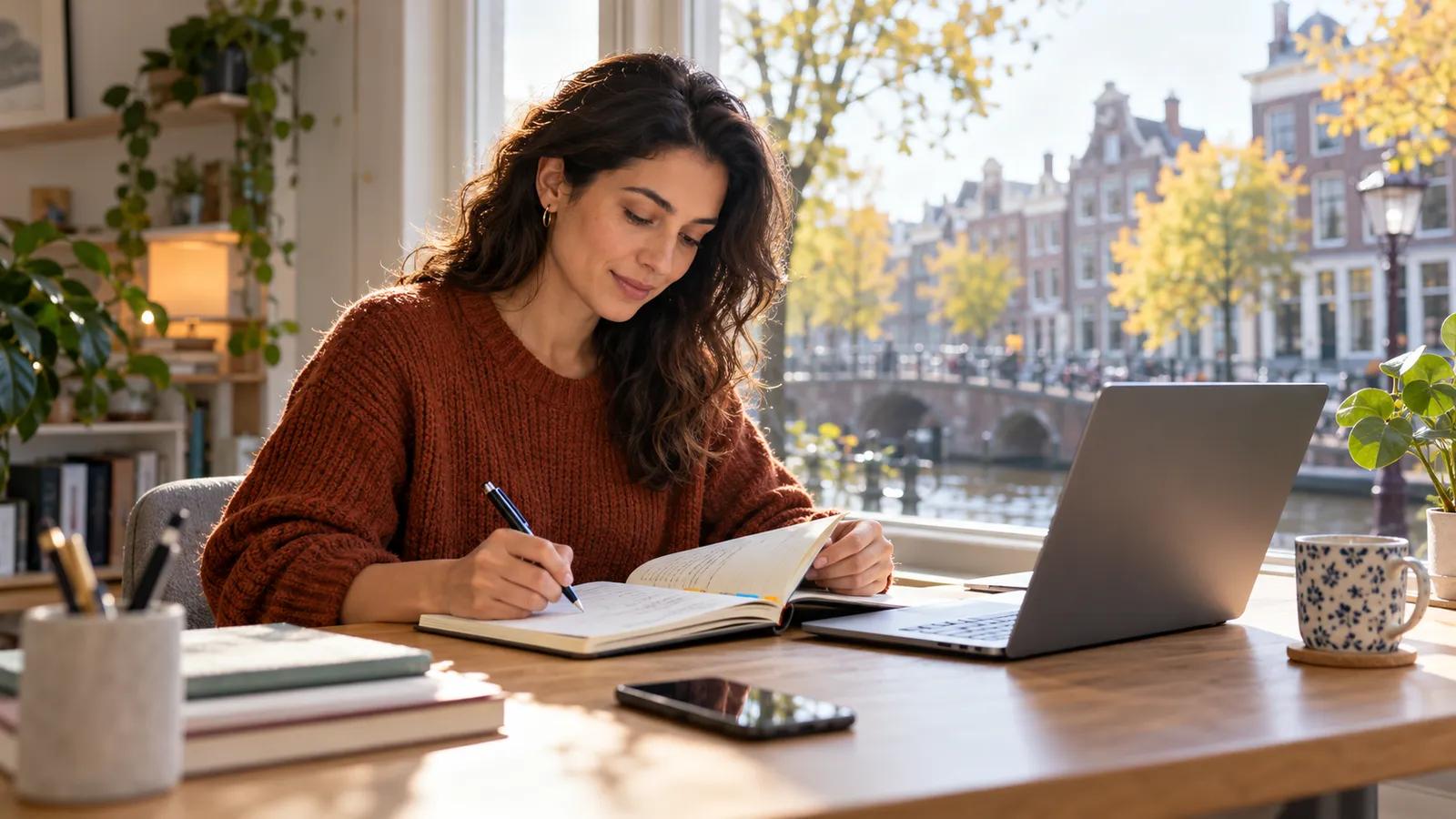 International professional preparing job applications at a bright home desk in the Netherlands