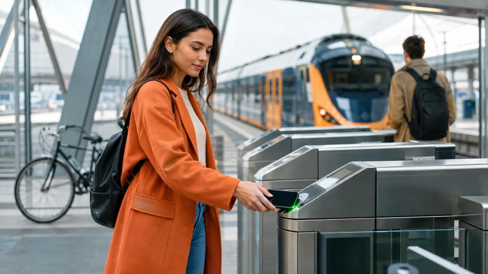 Traveller using contactless payment to enter Dutch public transport