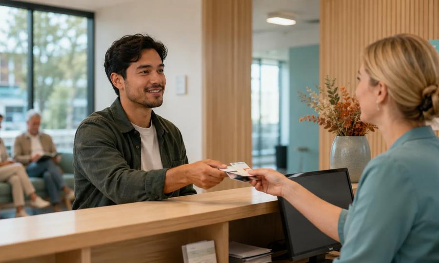 Newcomer registering with a Dutch general practitioner at a bright clinic