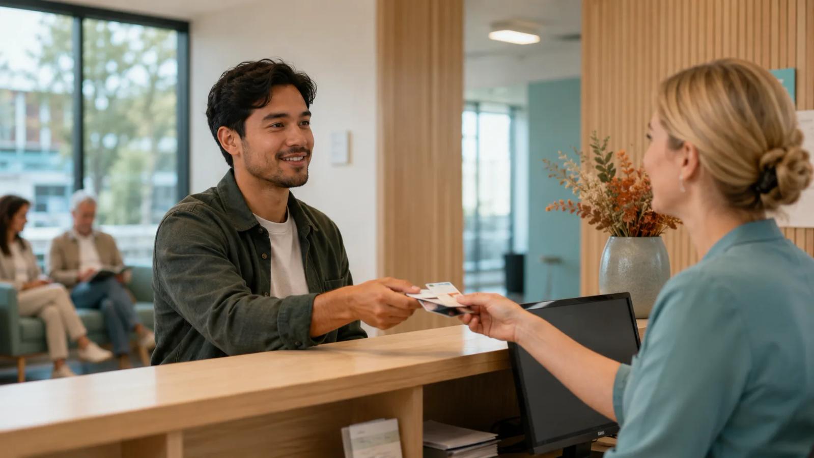 Newcomer registering with a Dutch general practitioner at a bright clinic