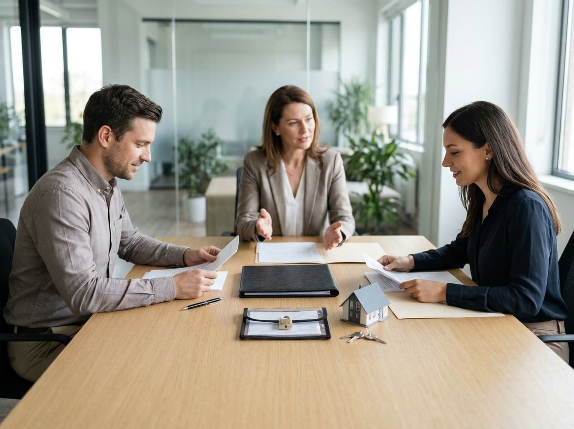 A professional helps two clients review an escrow arrangement at a table with documents, a key, and a house model.