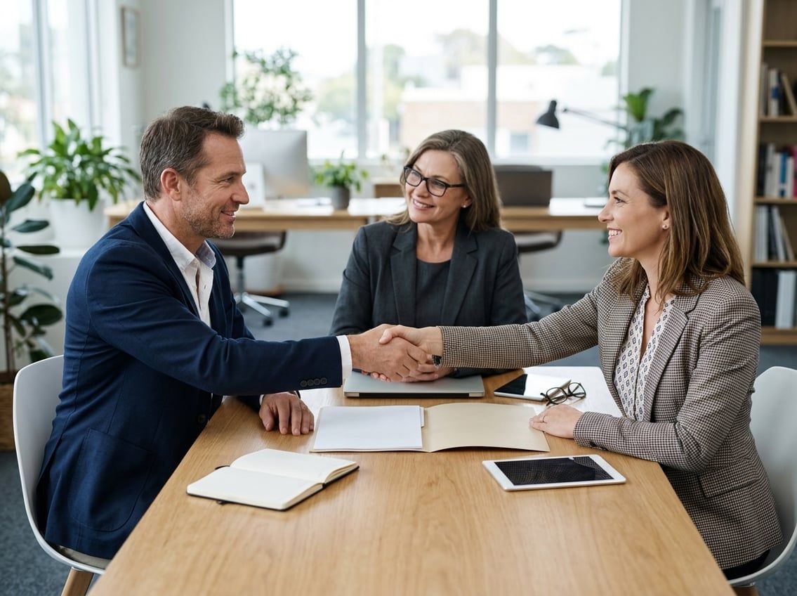Two small-business owners shake hands across a conference table while an advisor looks on.