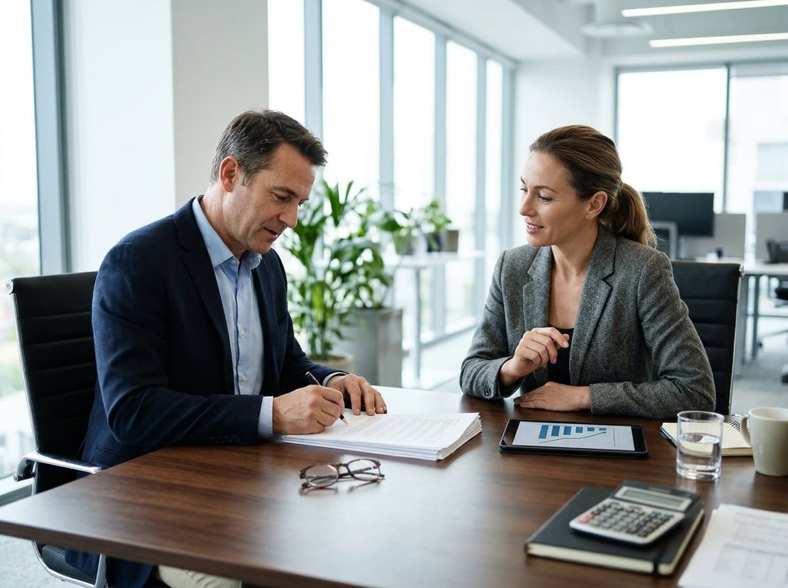 Two business professionals review and sign documents at a conference table.