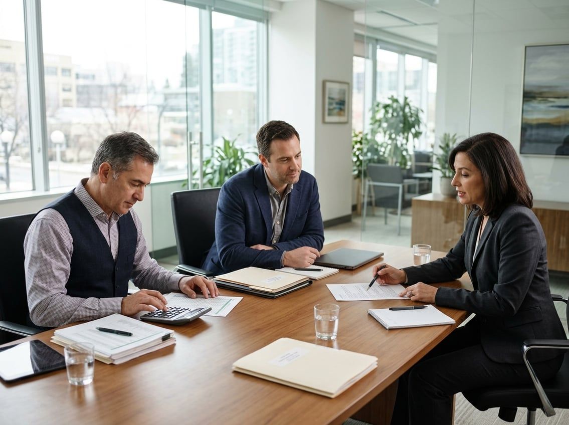 A client consults with a tax lawyer and an accountant about financial records in an office.