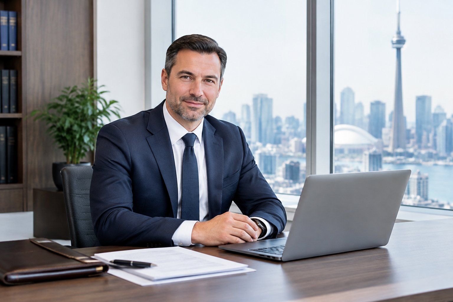 A corporate lawyer works at a desk in a Toronto office.