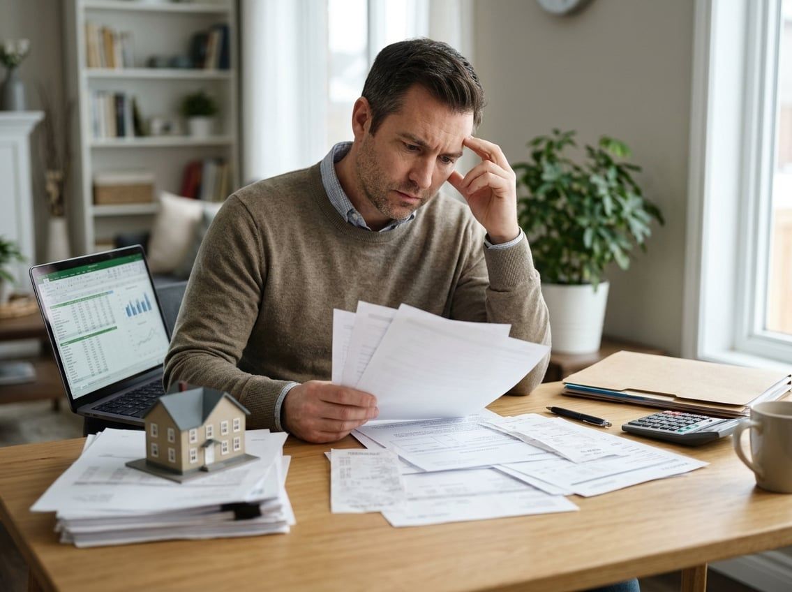 A property owner reviews rental records and tax documents at a desk.
