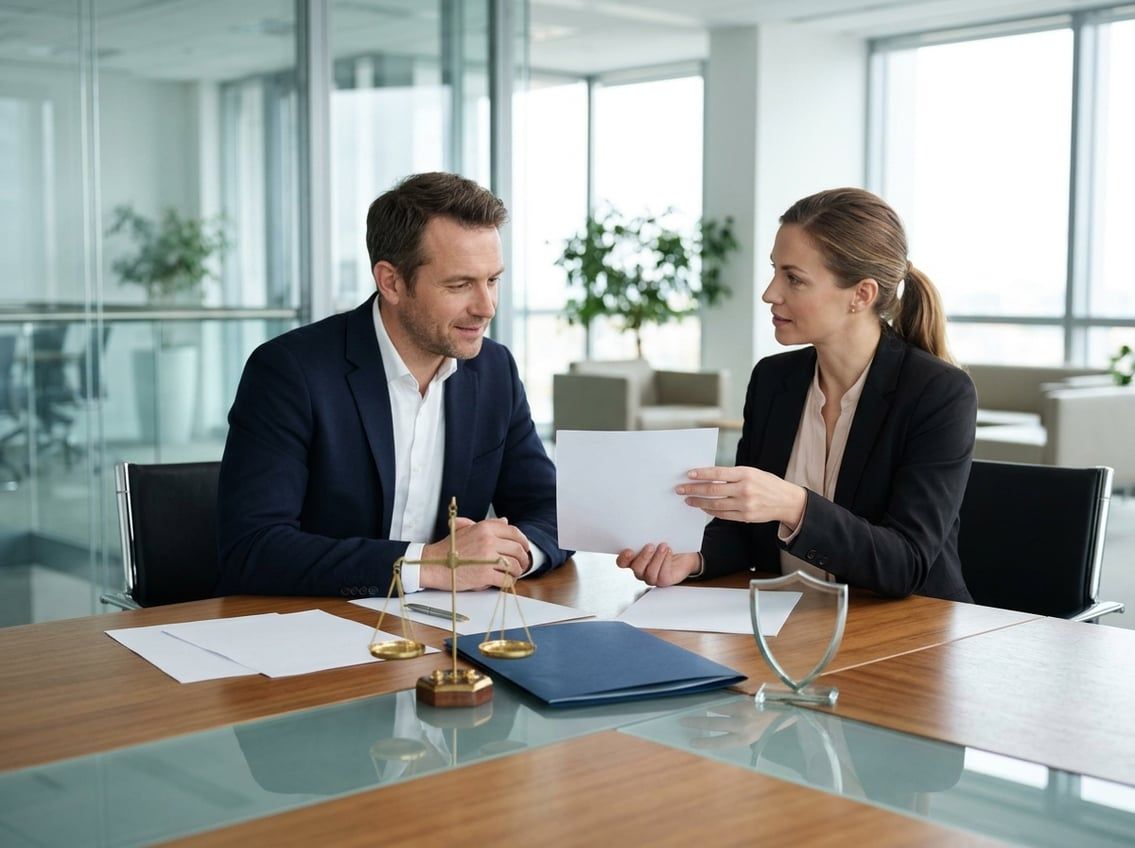 Two business professionals review a document at a conference table.