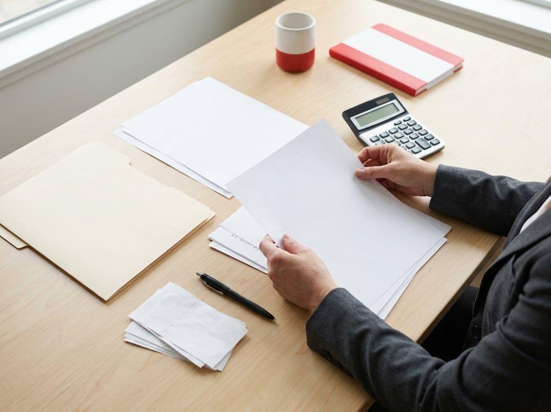 A person organizes paperwork, a calculator, and a folder on an office desk.