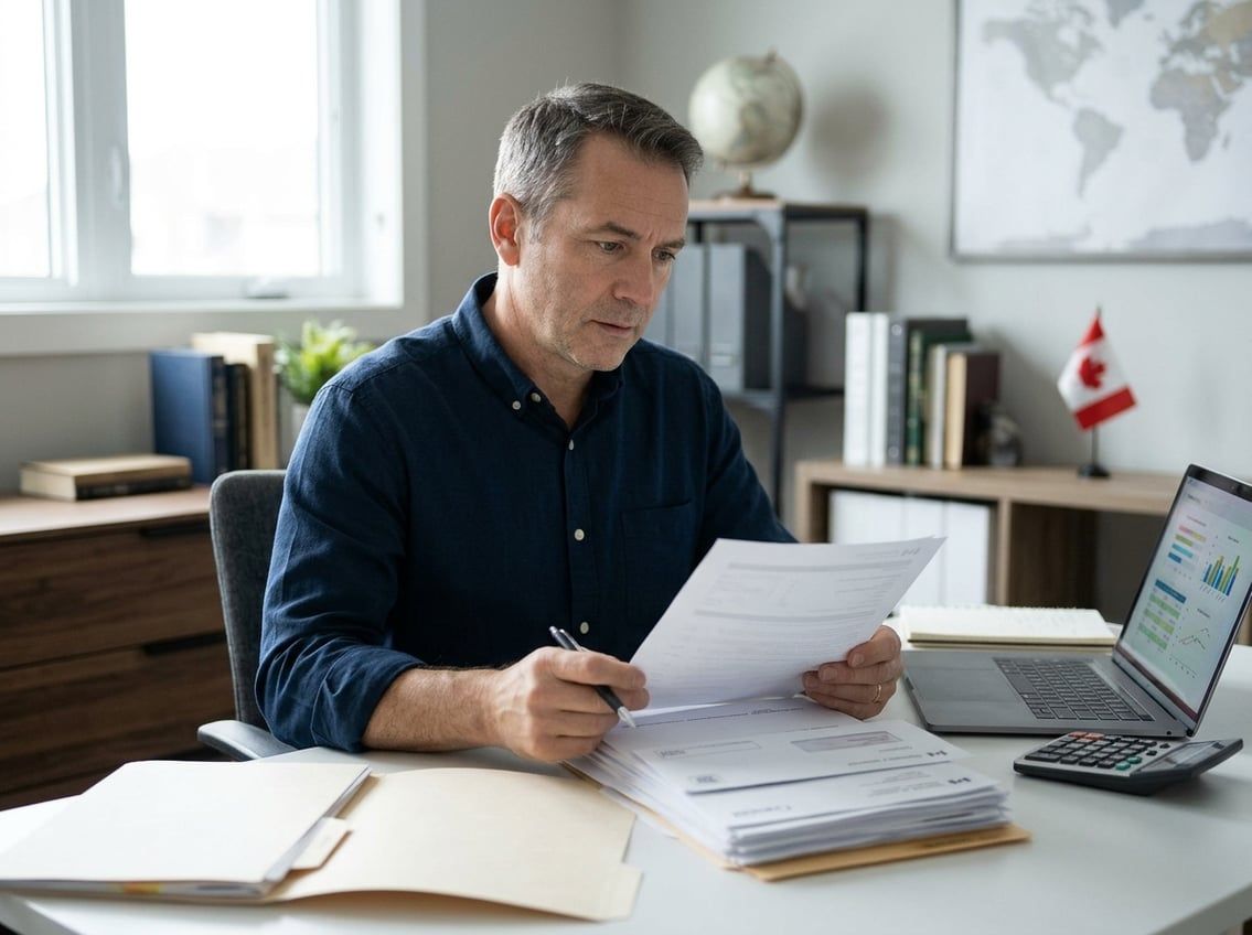 A small-business owner reviews financial documents at a desk in a Canadian office.