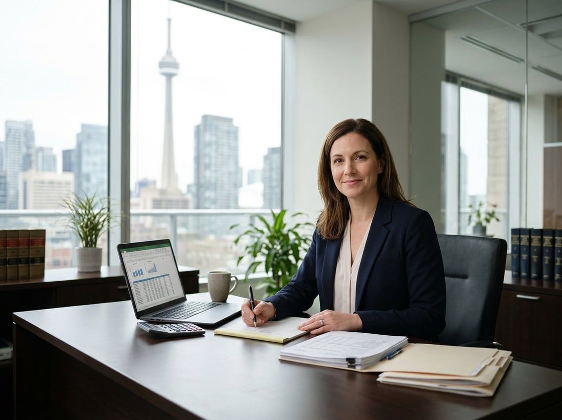A corporate tax lawyer reviews financial documents at a desk in a Toronto office.