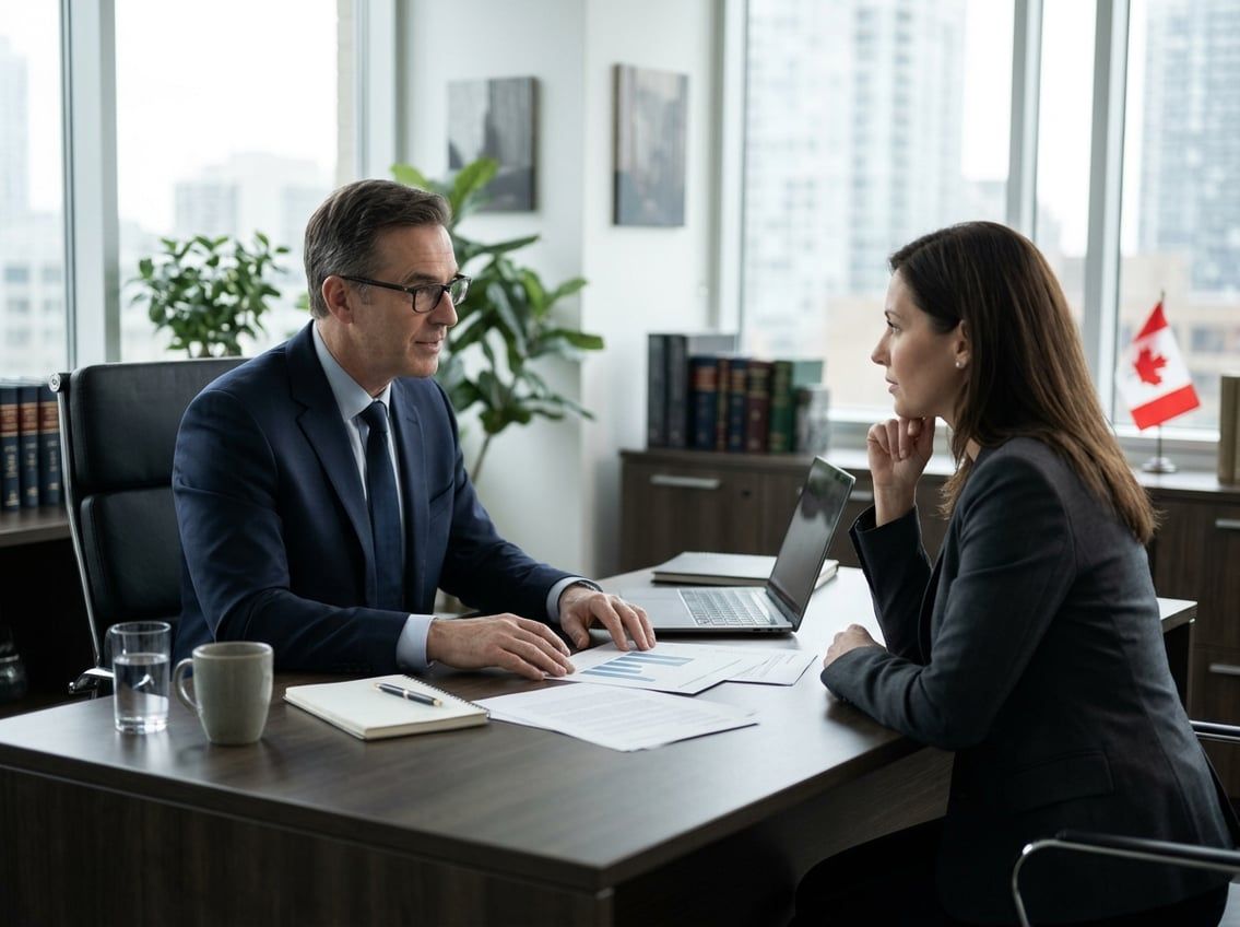 A tax lawyer and a client review financial documents together in a law office.