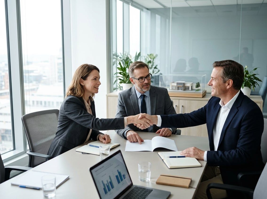 A business seller and buyer shake hands across a table while an advisor reviews a document.