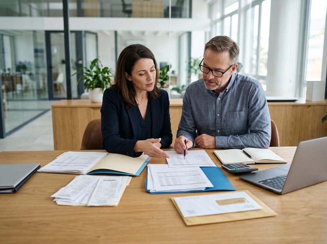 A business owner reviews financial documents with a tax advisor.