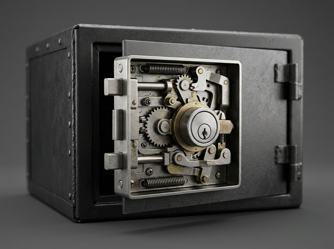 A mechanical lock assembly mounted on a steel security box.